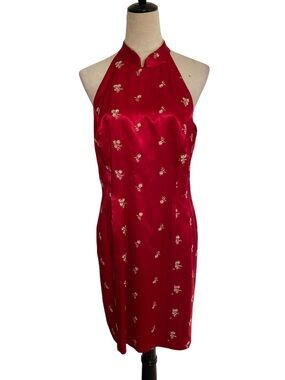 VTG 90s Caren Desiree CDC Red Satin Halter Dress Gold Floral Mandarin Collar
